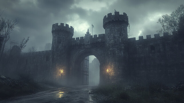 massive stone gate with iron portcullis stands ominously in twilight fog