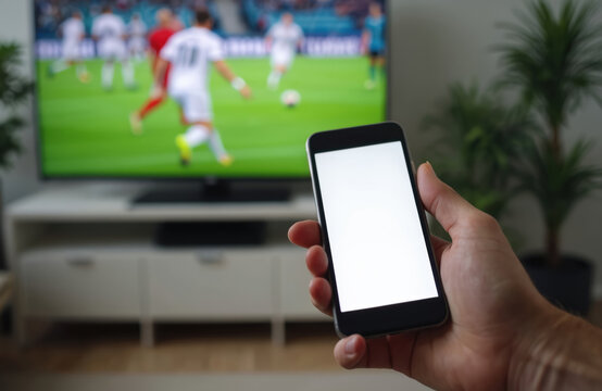 Man holds smartphone with blank white screen. Football match on TV. Person using mobile tech for online sports streaming. Modern digital device with app shows soccer game.