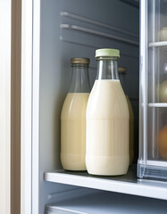 two bottles of milk that are on the shelf in the refrigerator