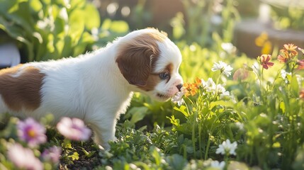 A curious cute puppy sniffing flowers in a beautiful garden soft white and brown fur glowing in the sunlight capturing a moment of joy and exploration cut out on isolated transparent background