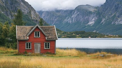 An old wooden house near a fjord in Lofoten, Norway.