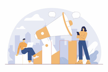 business man and woman with graphic and work result presentation with media social gadget