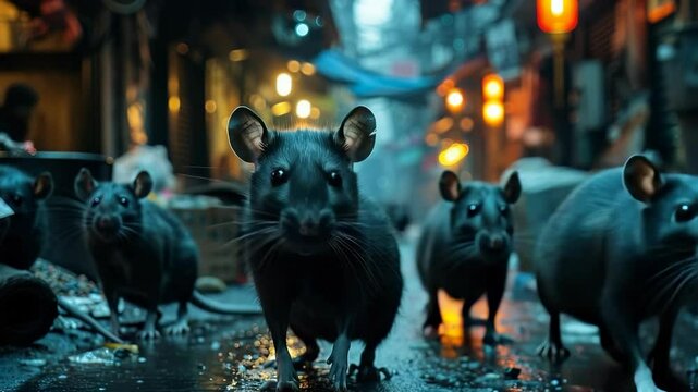 Sleek rats scurry through a dim urban alley, illuminated by streetlights as they search for food scraps among discarded trash