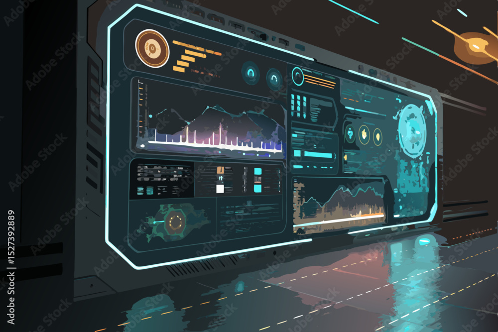 Poster design a futuristic hud interface border featuring layered digital elements, glowing edges, and a co