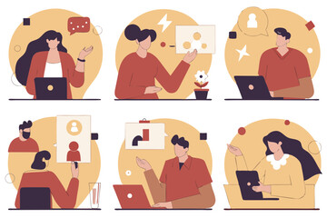 business man and woman with graphic and work result presentation with media social gadget