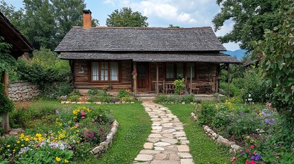 An old wooden house with a garden in a village setting.