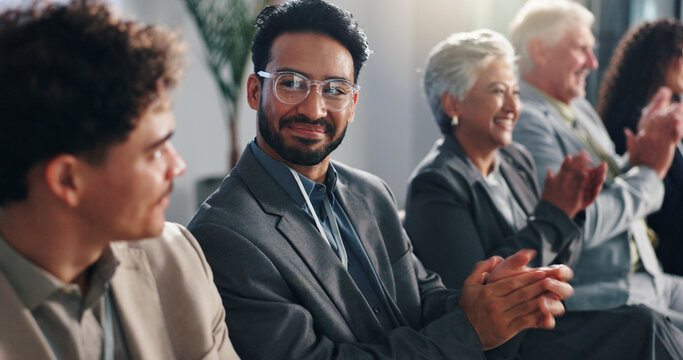 Seminar audience, business man and clapping for success, award and milestone. Conference, happy group and applause for presentation, praise and celebration for target achievement with congratulations
