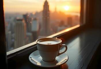 Morning coffee with a city view at sunrise, a perfect start.