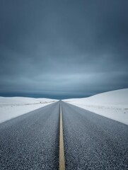 A straight road in the middle of magnificent sand dunes, dramatic photo, simple line drawing, symmetrical composition, at dusk, master of landscape photography, film emulsion fading effect