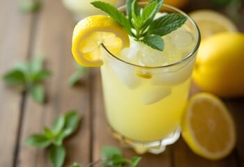 Zesty lemon drink with ice cubes and lemon slice.