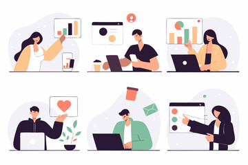 business man and woman with graphic and work result presentation with media social gadget