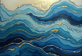 Abstract Ocean Waves with Golden Highlights on Canvas Art