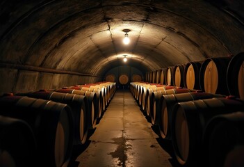 Aged in Darkness: Rows of Wine Barrels in a Cellar