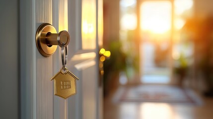 An open door with a golden house keychain, set against a blurred interior for advertising purposes.