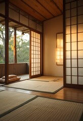 Serene Japanese room with tatami mats and sliding doors open.