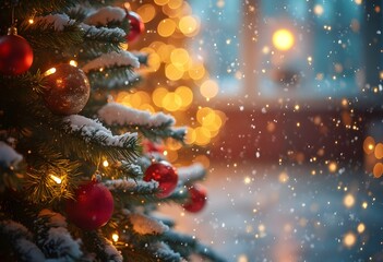 A Snowy Christmas Tree with Glowing Lights and Red Ornaments