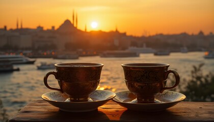 Golden Hour Tea Time: Istanbul's Sunset View with Two Cups of Tea.