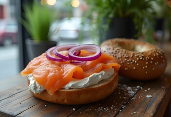 Delicious Smoked Salmon Bagel with Cream Cheese and Red Onions