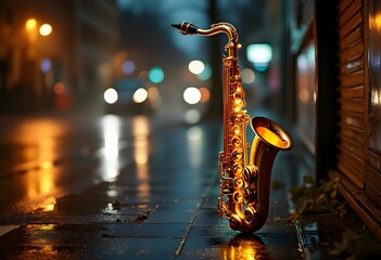 A Golden Saxophone Shines on a Rainy City Street at Night.