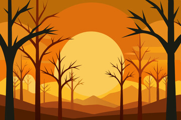Sunset Silhouette Bare Trees and Golden Hues Landscape Illustration