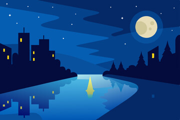 Fototapeta premium Serene Night Cityscape Moonlit River and City Reflections
