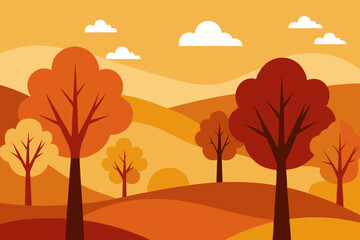 Autumnal Landscape Hilly Terrain with Colorful Trees and Clouds