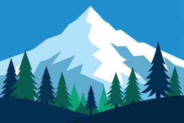 Fototapeta premium Majestic Mountain Peak and Evergreen Forest A Stunning Winter Landscape Illustration