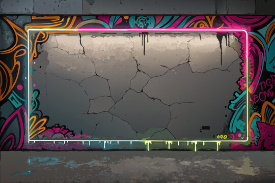 Vivid neon graffiti spray paint border with drips, edgy street art style, abstract design.