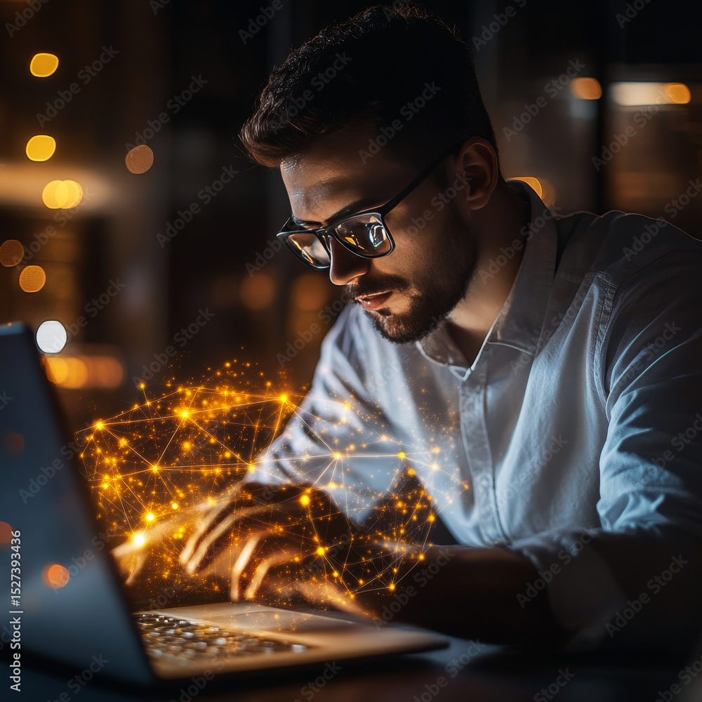 Poster network administration. businessman is using a laptop and conducting analysis on network administrat