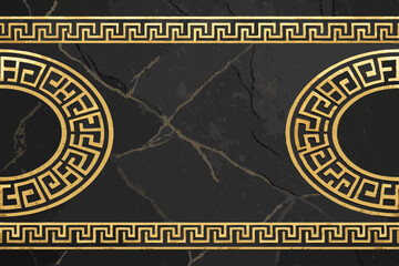 Generate a black background image featuring a gold Greek meander border pattern.  The design should be intricate and detailed, suitable for a decorative element.