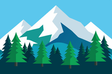 Fototapeta premium Majestic Mountain Peaks and Evergreen Forest A Serene Landscape Illustration