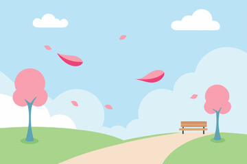 Serene Spring Park Pink Blossom Trees, Gentle Breeze, and Tranquil Path