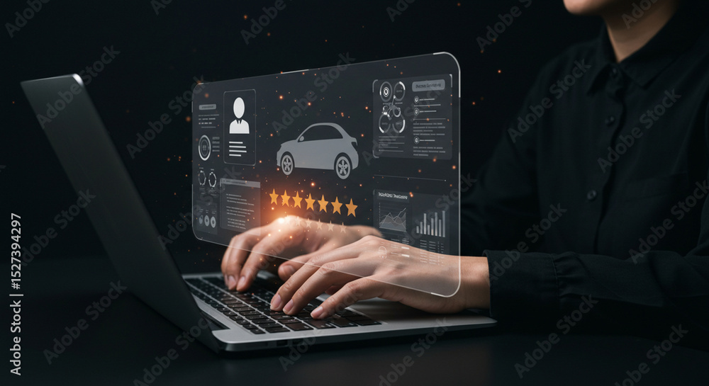Poster person using laptop with car review interface showing ratings and vehicle data on a transparent scre