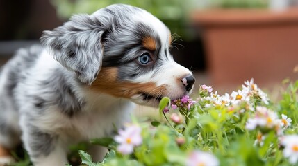 A curious domestic puppy sniffing a flower showcasing gentle nature and innocent dog expression ideal for capturing the beauty of pet photography cut out on isolated transparent removed background