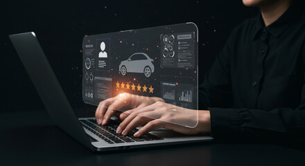 Person using laptop with car review interface showing ratings and vehicle data on a transparent screen business.selling ,purchasing,agreement 