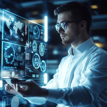 Computer Science. Businessman touching icon and delving into the realm of computer science, a discipline underpinning much of modern technology and driving innovation across numerous fields.