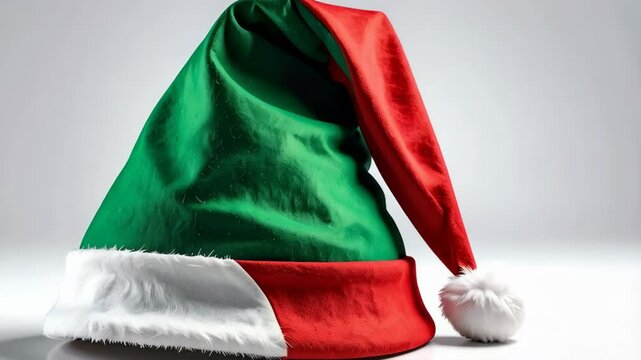 Festive elf hat in red and green with white trim and pompom, symbol of christmas holiday, seasonal decoration in studio setting