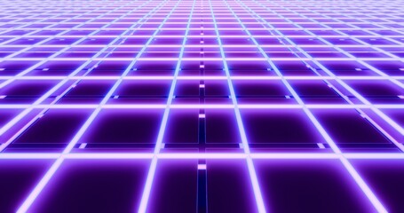 Futuristic glowing neon light background. Shining grid pipes and metal floor in perspective. 3D rendering.