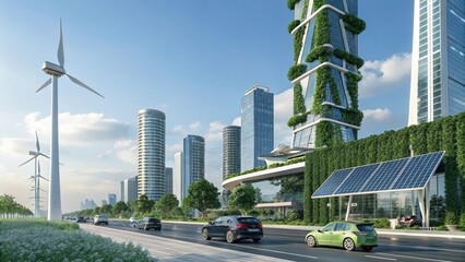 Eco-Friendly Cityscape: A modern metropolis embraces sustainability with verdant vertical gardens and renewable energy sources, representing an environment for urban planning.