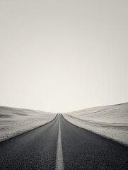 A straight road in the middle of magnificent sand dunes, dramatic photo, simple line drawing, symmetrical composition, at dusk, master of landscape photography, film emulsion fading effect