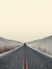 A straight road in the middle of magnificent sand dunes, dramatic photo, simple line drawing, symmetrical composition, at dusk, master of landscape photography, film emulsion fading effect