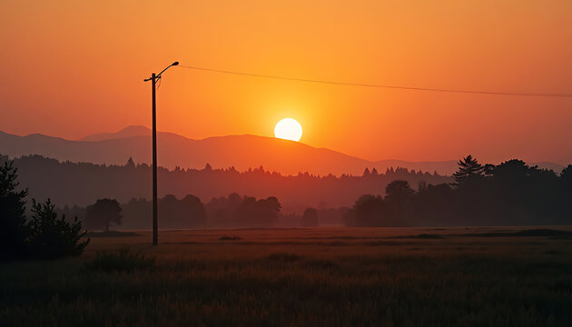 Sunrise over the mountains and fields with a vibrant orange sky and a lamp post - Powered by Adobe