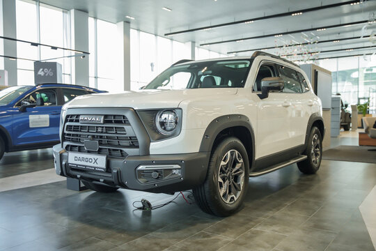 Almaty, Kazakhstan - May 29, 2025: White Haval Dargo X in a car showroom