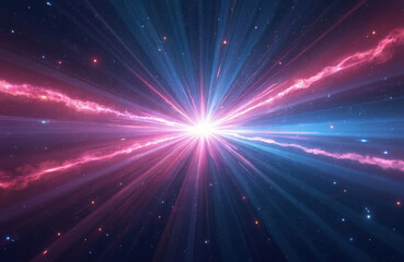 Naklejka premium Digital illustration of cosmic burst of light with pink, blue streaks against starry background. Radiant explosion of energy, universe, galaxy. Futuristic abstract design. Night, shimmering,
