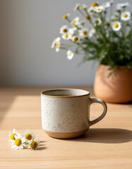 ceramic mug with chamomile tea on light table
