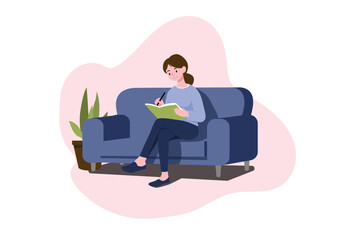 Illustration of a woman writing a journal in a book while sitting relaxed on the sofa. Flat design style, calm and cozy atmosphere, suitable for self care themes and home activities.