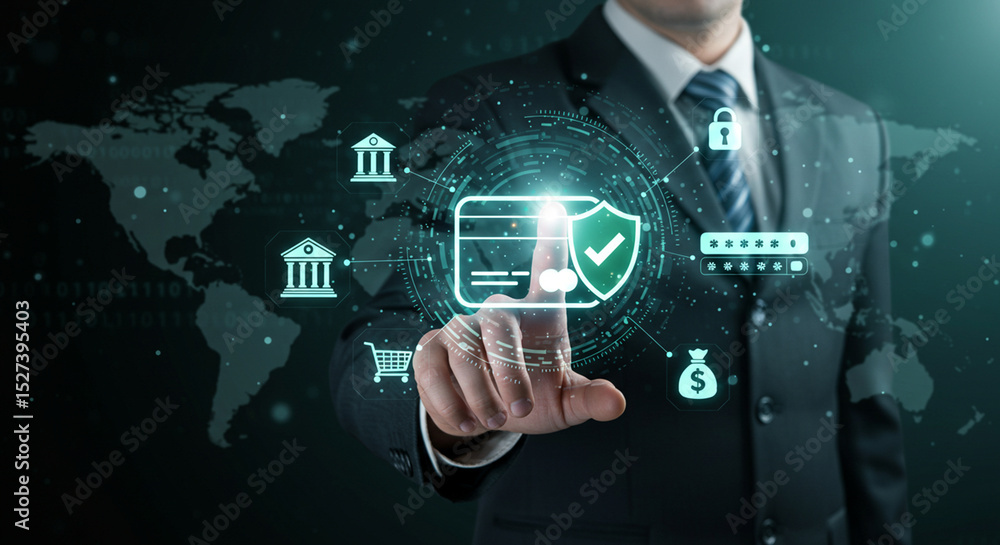 Poster man in suit interacting with digital interface showing credit card security and world map overlayed 
