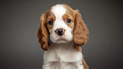 Cute cocker spaniel puppy white brown fur sitting obediently looking directly camera with expressive eyes soft fur and wagging tail in a pet studio portrait cut out on isolated transparent background