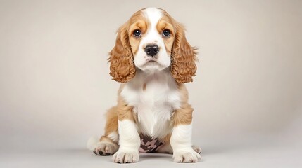 Cute cocker spaniel puppy white brown fur sitting obediently looking directly camera with expressive eyes soft fur and wagging tail in a pet studio portrait cut out on isolated transparent background