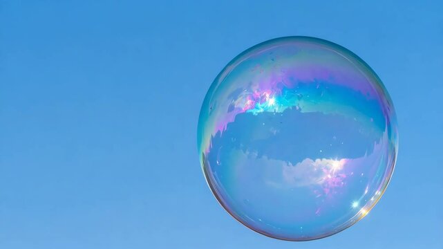 Floating iridescent soap bubble against a clear blue sky with cloud reflections creates whimsical and airy scene, a colorful sphere.